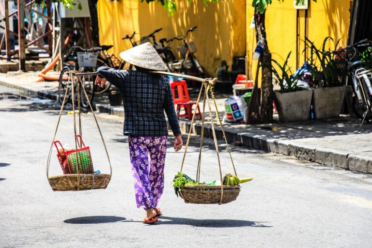 The shoulder pole is balanced on the shoulder of the vendor, who walks around the streets, alleys